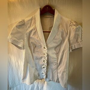 Anne Fontaine Asheley Pinstripe Black White Pima Cotton Striped Blouse 44 US 12